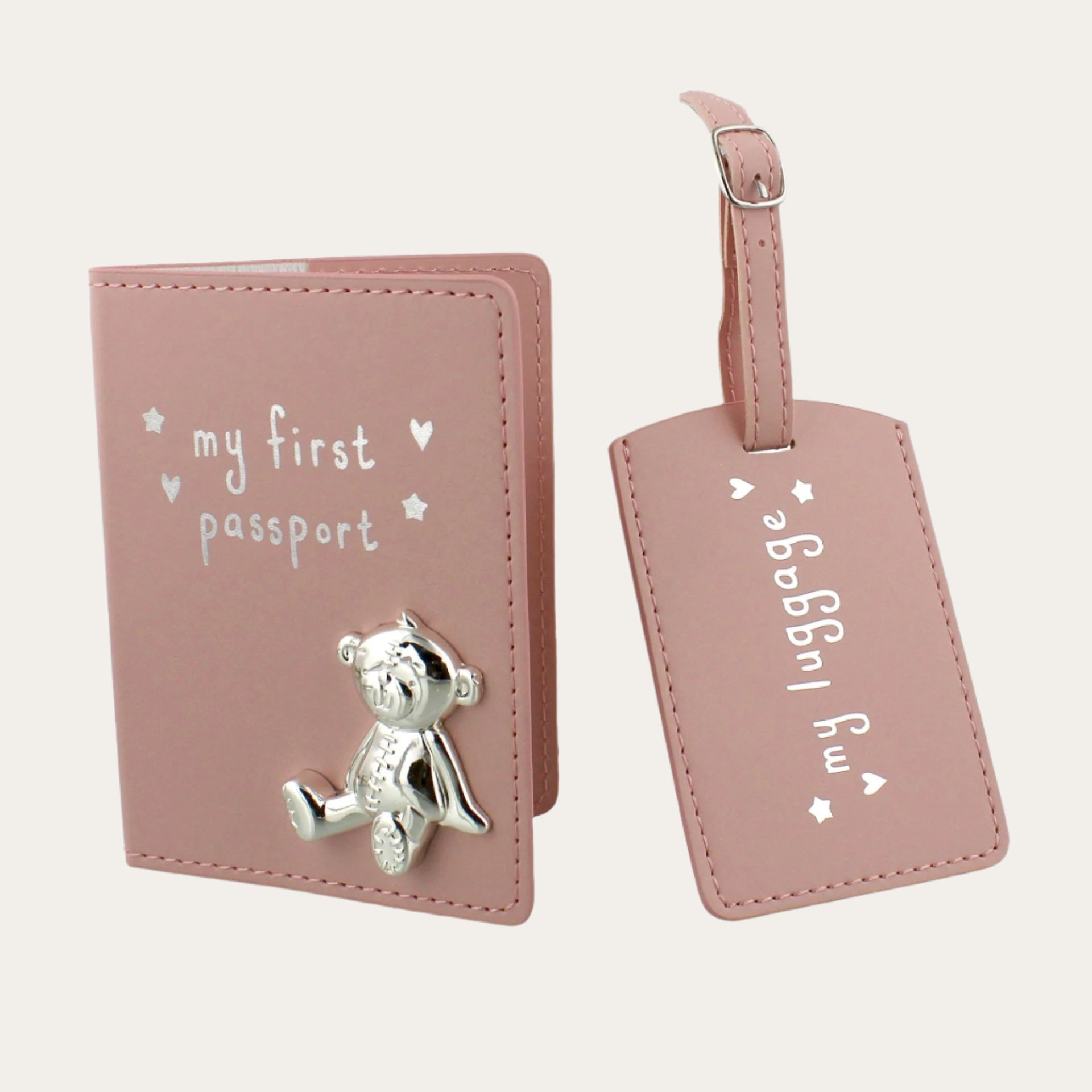 Baby Girl Pink Passport Holder & Luggage Tag with Silver Bear Luggage Tags.