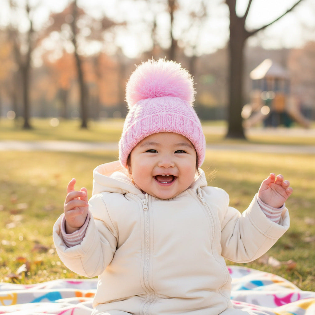 Pink Cable Knitted Pom Pom Hat Baby Hat.