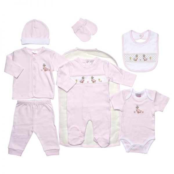 A pink baby girls clothing gift set with cute puddle ducks embroidered on the front and across the bib