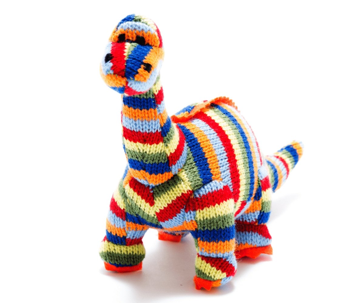 Rainbow Striped Knitted Diplodocus Dinosaur Rattle - Bumbles & Boo