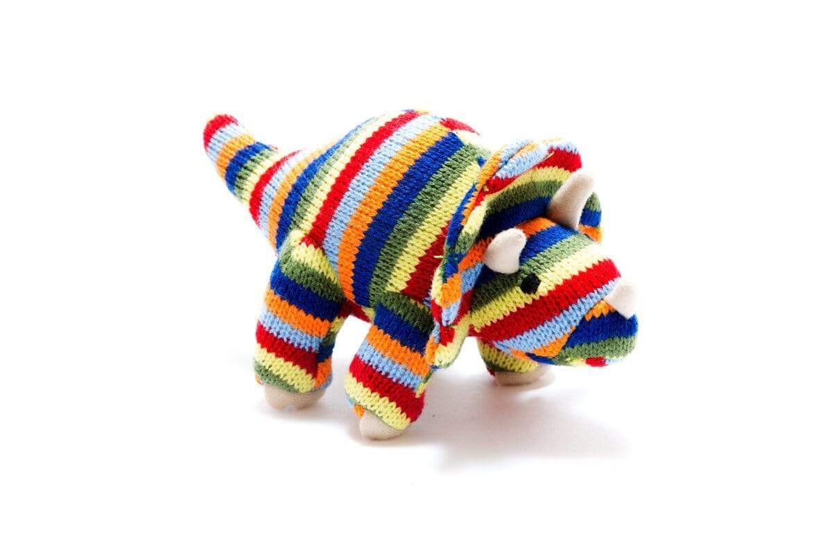 Rainbow Striped Knitted Triceratops Dinosaur Rattle - Bumbles & Boo