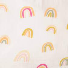 Large muslin swaddle blanket with soft tones rainbow print.