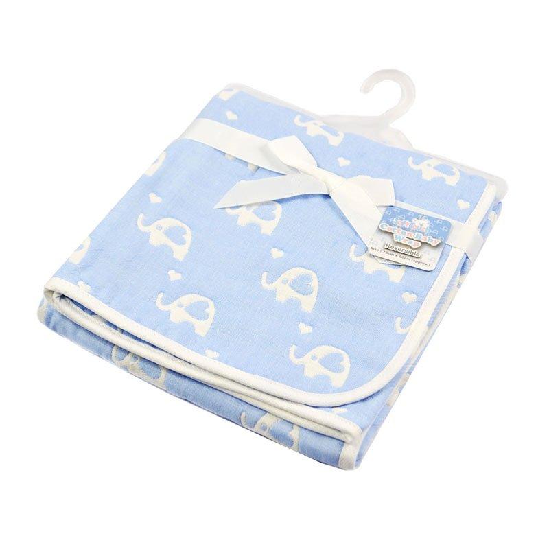 Baby Blanket - Reversible Blue Elephant Cotton Wrap White/Blue