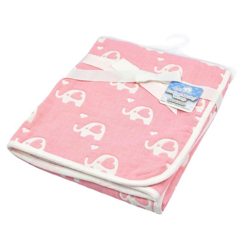 Baby Blanket - Reversible Elephant Cotton Wrap White/Pink - Bumbles &amp; Boo