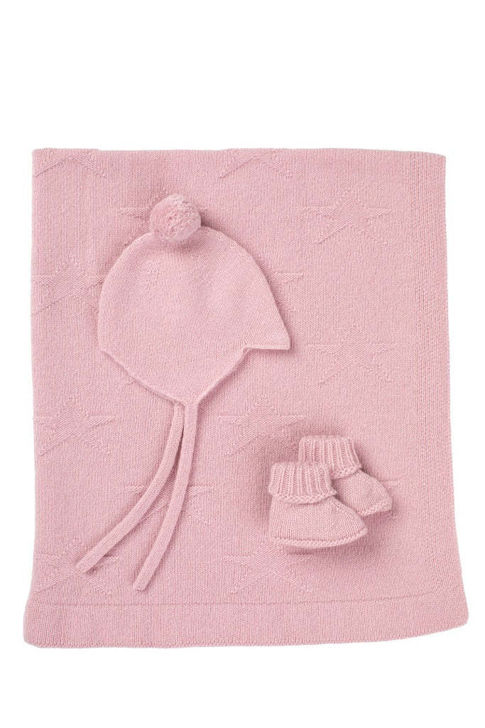 Pink baby girl gift set including a cashmere blanket, booties and a Pom Pom hat by Rosie Sugden