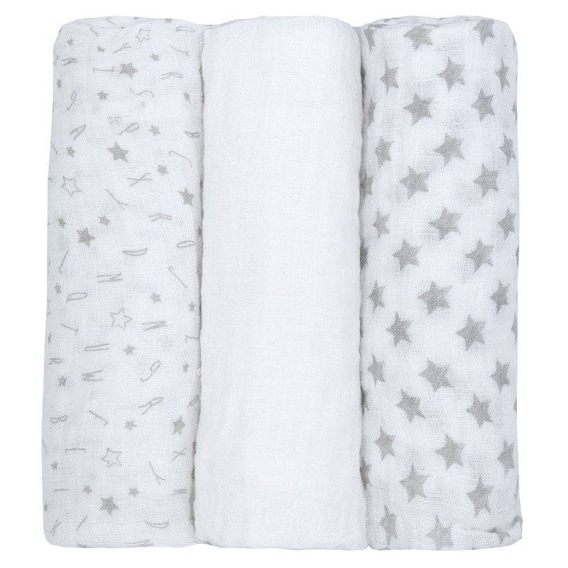 Set of 3 large muslin cloths.  1 white, 1 white with grey silver stars and 1 white with grey silver alphabet characters and starts.