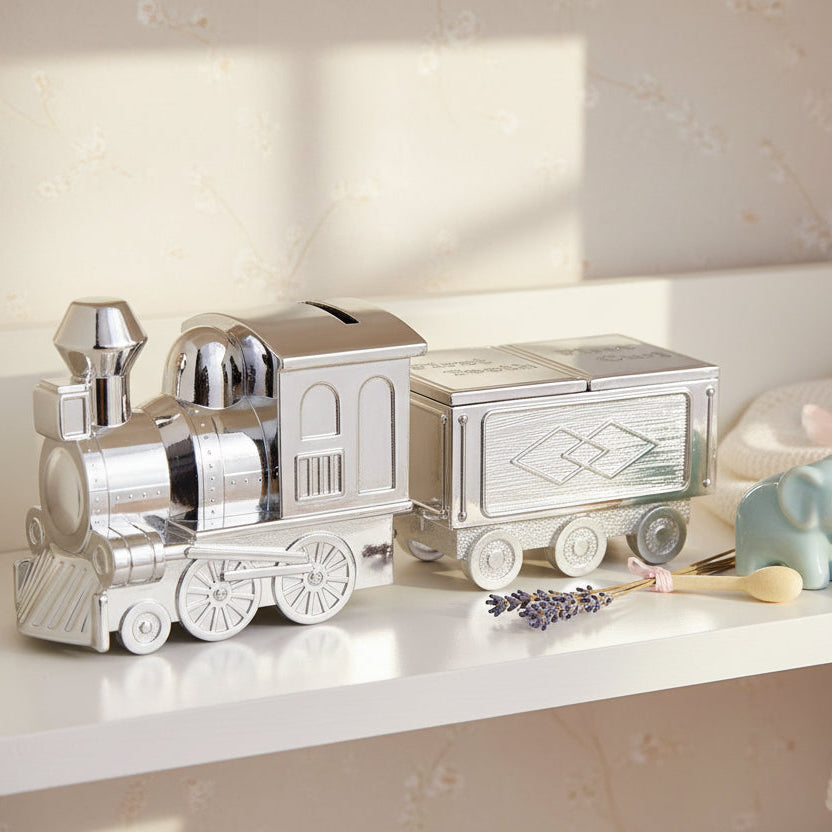 Silver Plated Train Money Box & First Tooth/Curl Carriage Money Box.