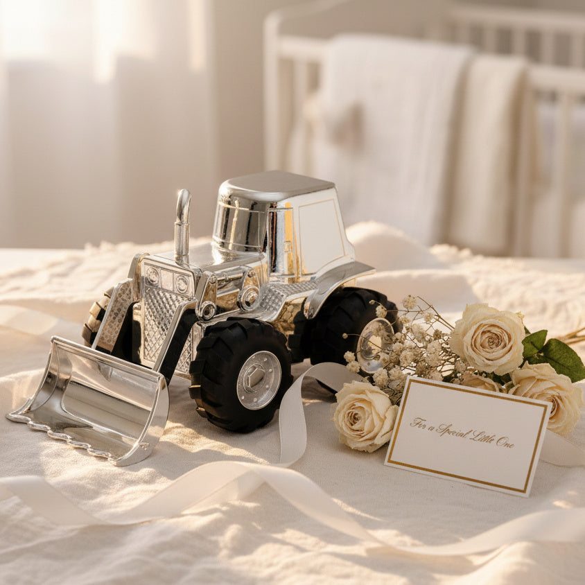 Silver plated digger Money Box with front loader bucket and contrasting wheels