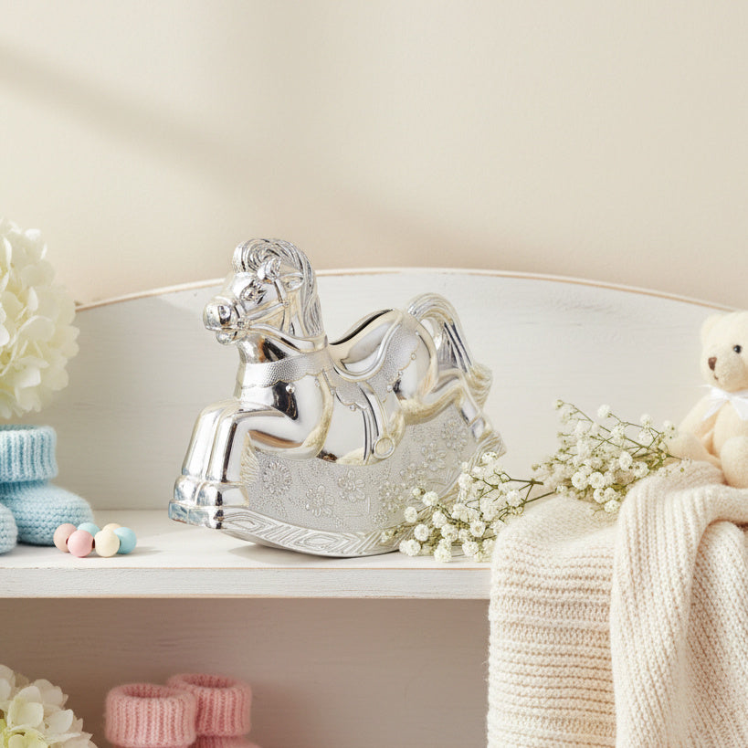Silver plated rocking horse baby Money Box with decorative floral detailing
