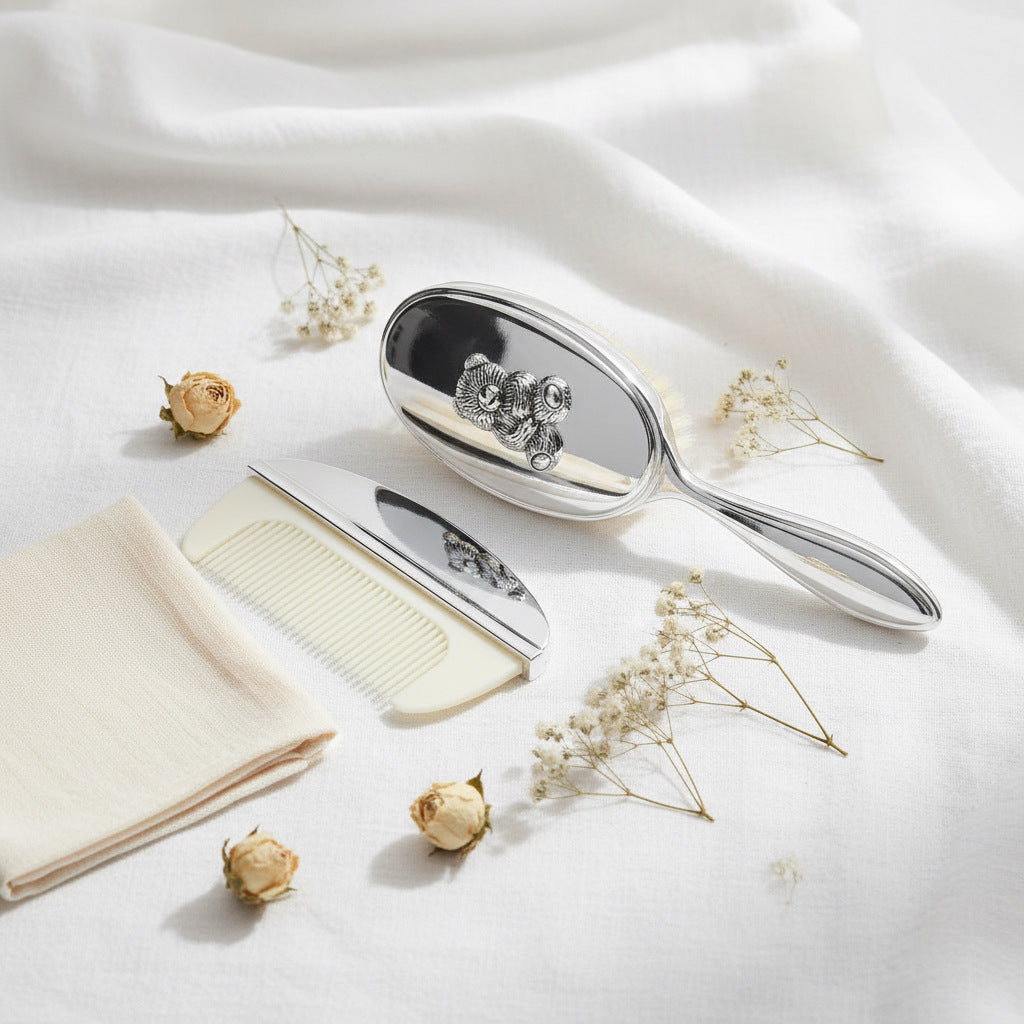 Silver plated Baby Brush & Comb Set with teddy bear embellishments
