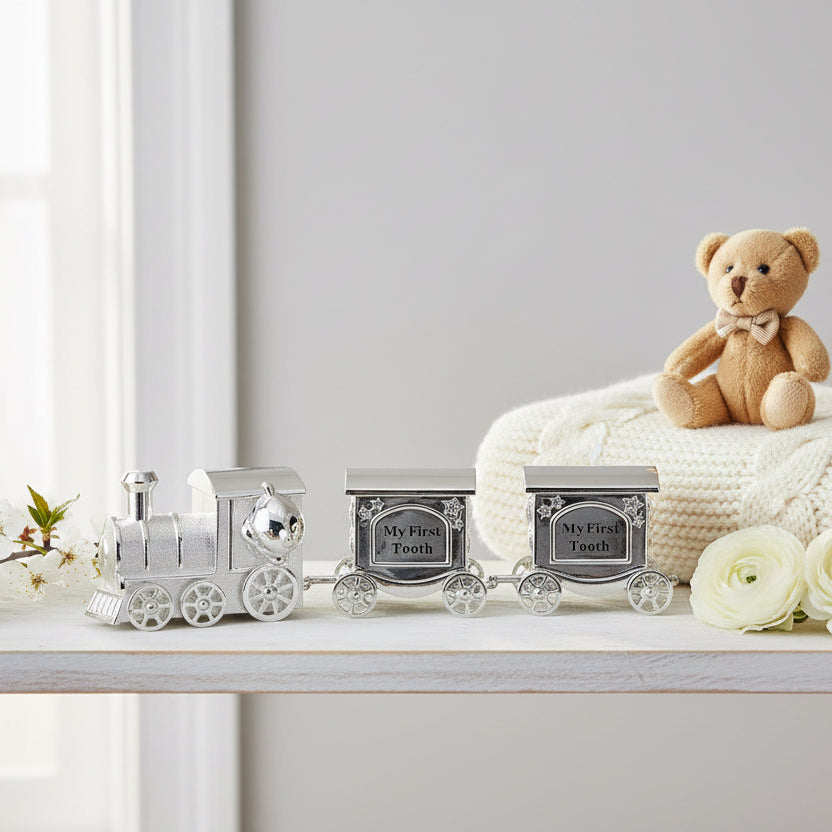 Silver Plated 'First Tooth & Curl Set' Train Money Box Money Box.