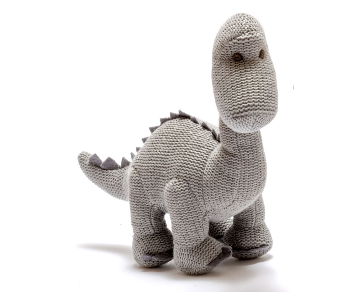 Knitted Organic Cotton Small Grey Diplodocus Dinosaur Soft Toy