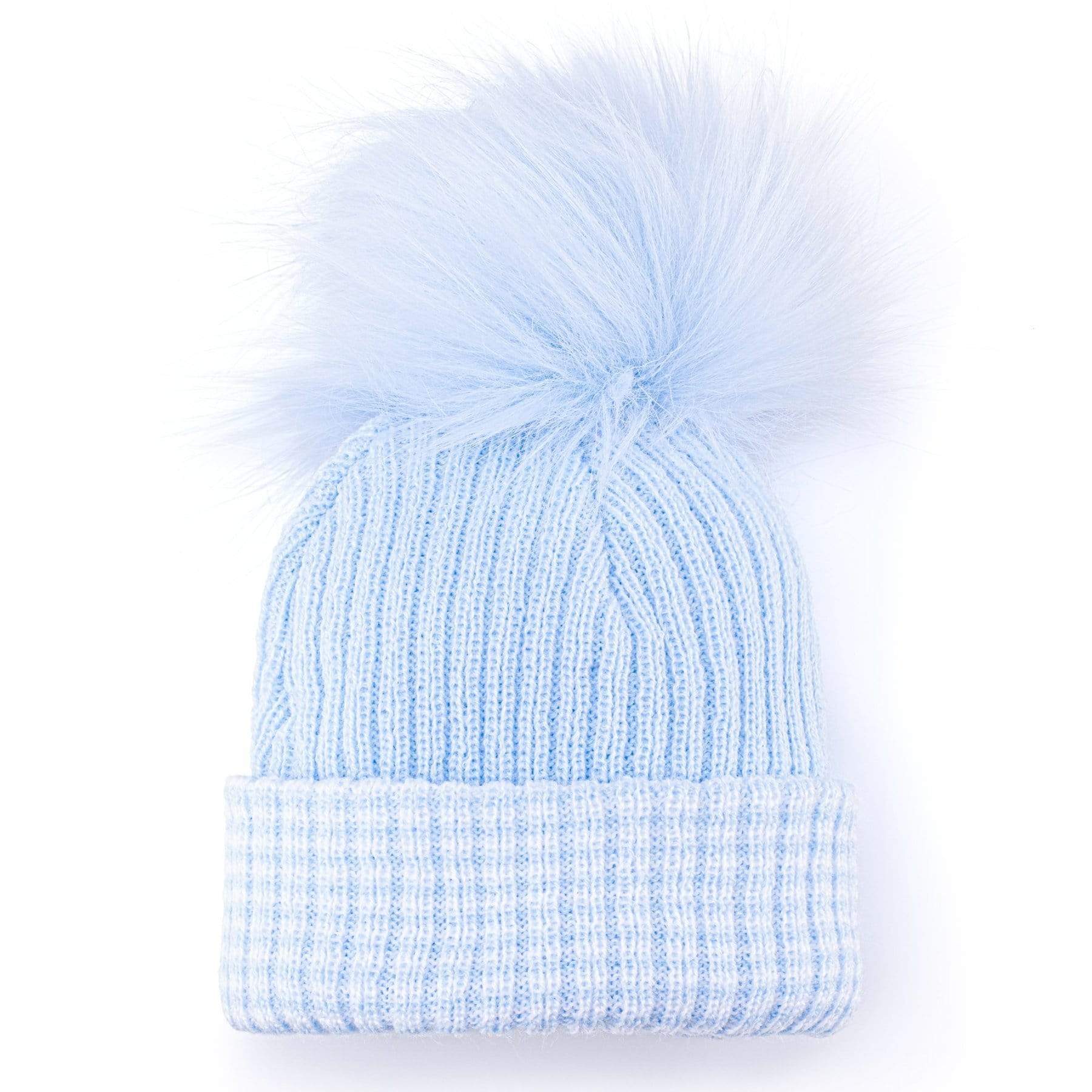 Soft Blue Boys Cross Cable Knit Hat with Large PomPom by Rock a Bye Baby - Bumbles &amp; Boo