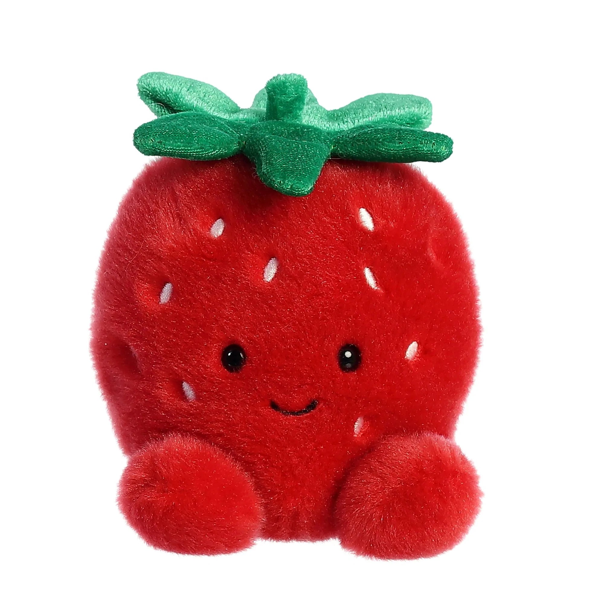 Soft fluffy red strawberry with a green top and very cute little legs.