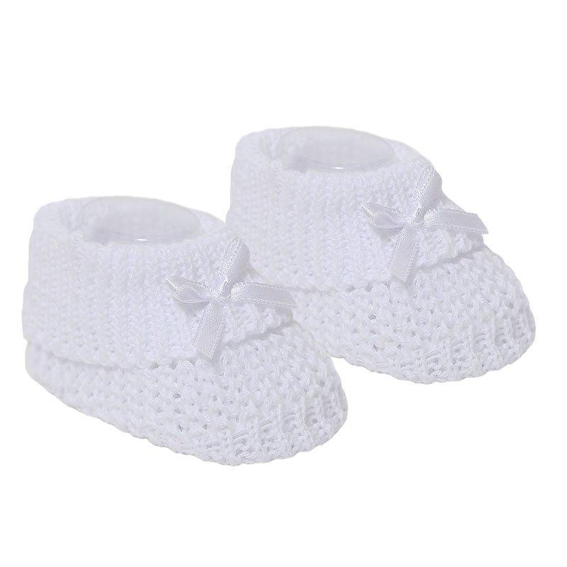 Super Snuggly Knitted White Baby Booties with Satin Bow - Bumbles &amp; Boo