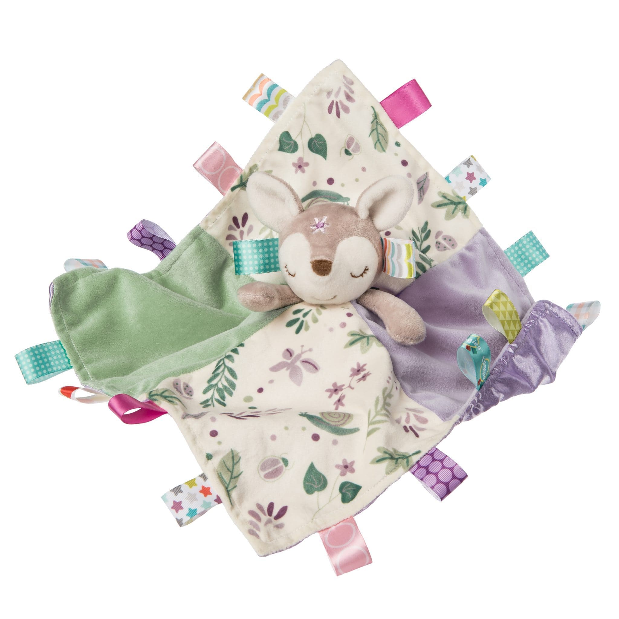 Flora Fawn Taggies baby comforter with ribbons in pastel colours by Mary Meyer.