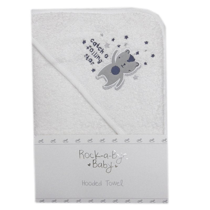 Soft white hooded towelling bath towel with cute teddy and catch a falling star embroidered wording.