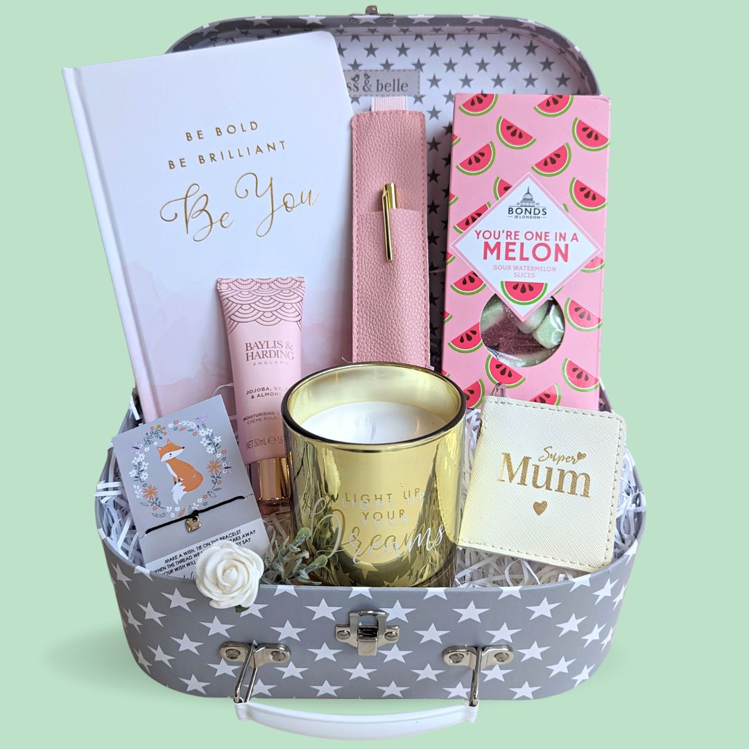 Treat box gift hamper with journal, candle, sweets, keyring and pen. Lovely new mum gift or birthday gift.