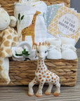 Baby hamper basket gift with giraffe theme. Presented in an eco-friendly basket.