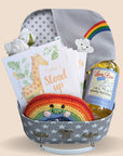 Organic baby rattle. Baby bandana bib. Organic baby wash & baby milestone cards.
