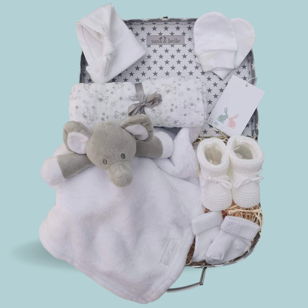 Personalisable New Baby Gift Hamper with Elephant comforter.