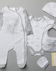 Baby light grey two tone official Humphrey's Corner by Sally Hunter 5pc gift layette set with quote motif 'Humphrey loves his best friend mop' including sleepsuit, bodysuit, bib, mittens and upturned baby beanie hat. Complimentary story book included