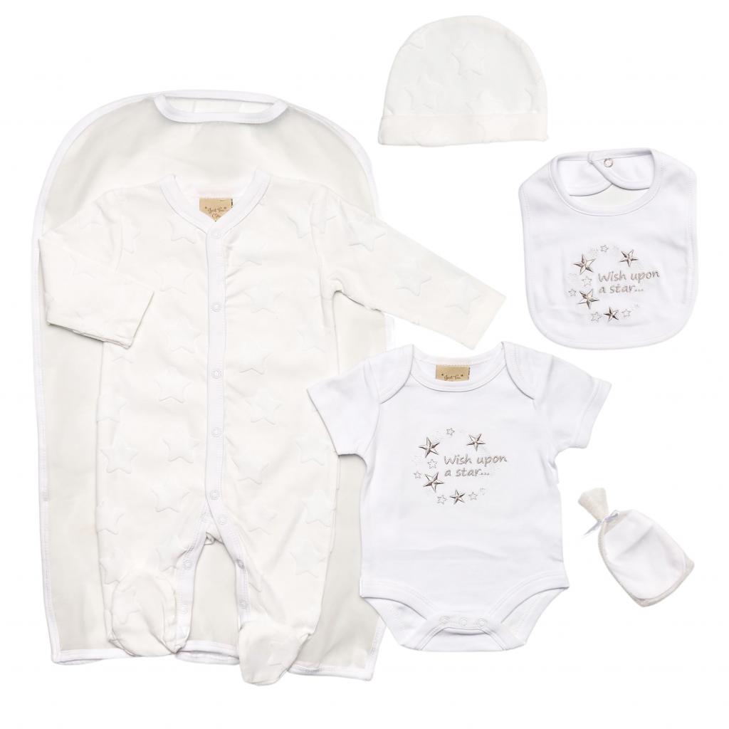Unisex neutral five piece clothing gift set in 0-3 months with raised star print and &#39;Wish Upon A Star&#39; embroidered on the bib and body suite.  Each set contains  Long sleeve baby grow  Short sleeve body suit  Hat  Bib  Scratch mittens