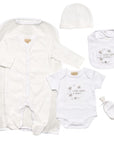 Unisex neutral five piece clothing gift set in 0-3 months with raised star print and 'Wish Upon A Star' embroidered on the bib and body suite.  Each set contains  Long sleeve baby grow  Short sleeve body suit  Hat  Bib  Scratch mittens