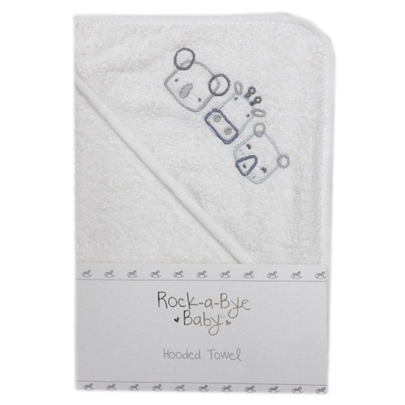 White hooded baby towel with animal motif on hood.