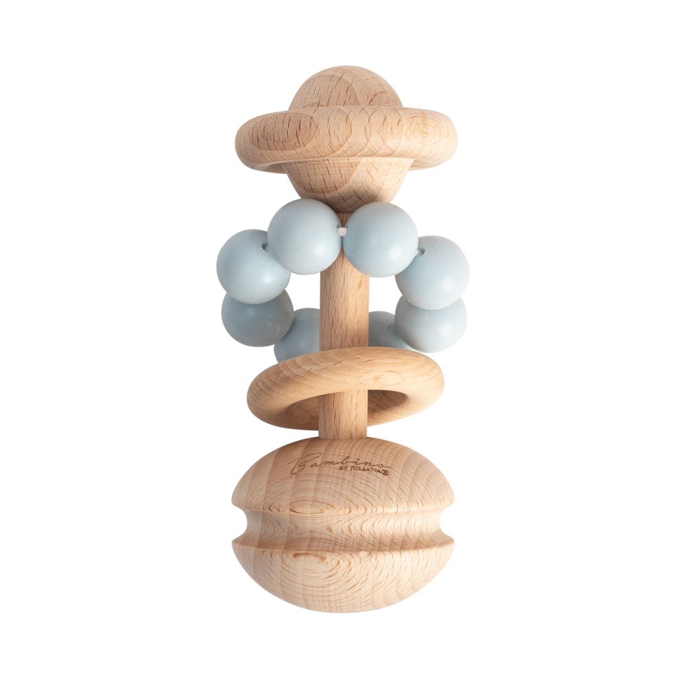 Wooden teething toy with blue teething beads for a baby.