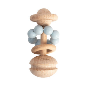 Wooden teething toy with blue teething beads for a baby.