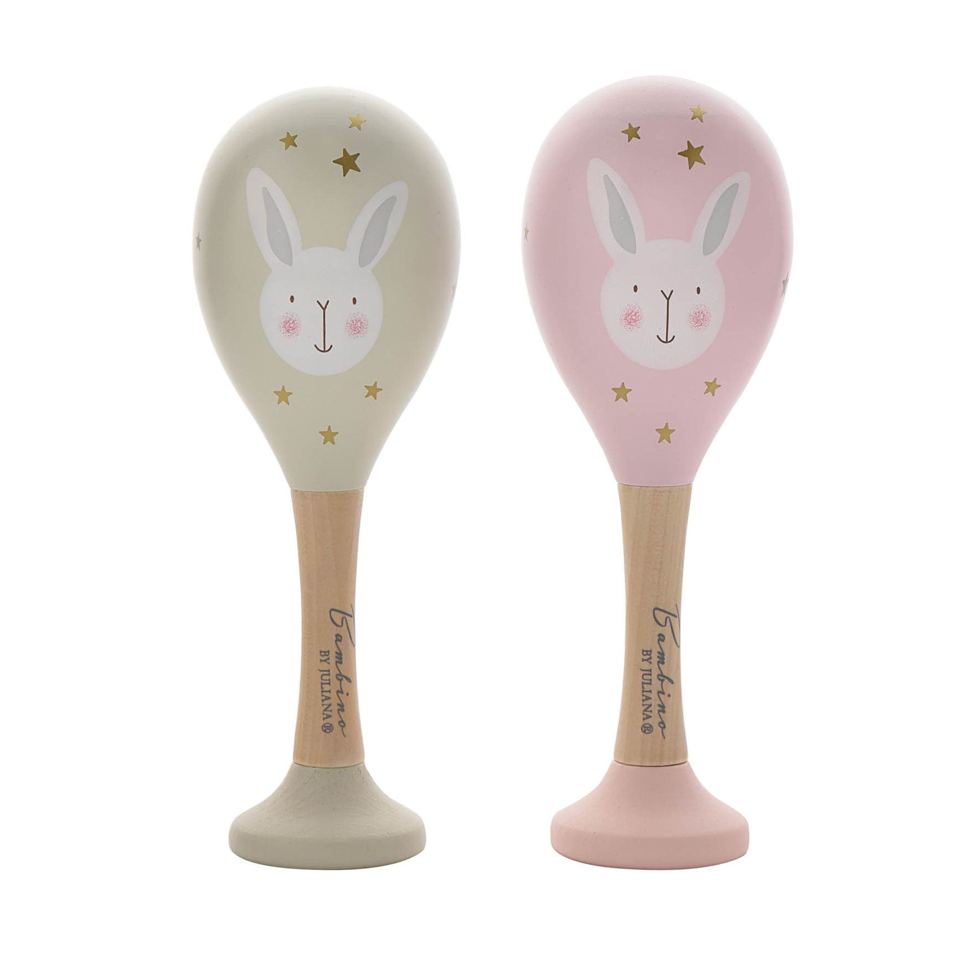 Pink and cream wooden maracas with a bunny design