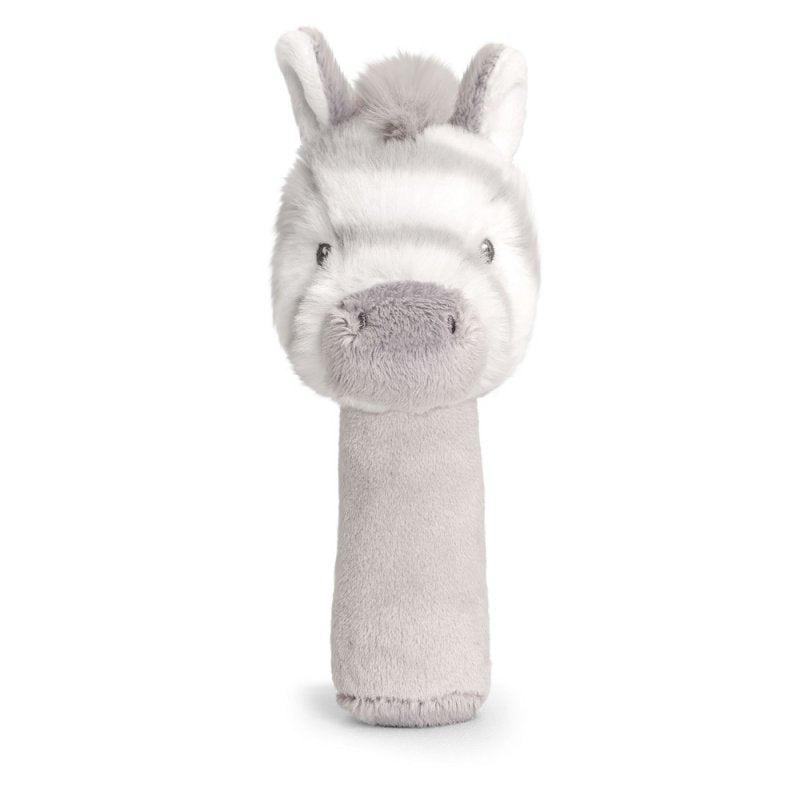 A grey and white soft stick rattle with a zebra face.  A great rattle to keep a baby entertained